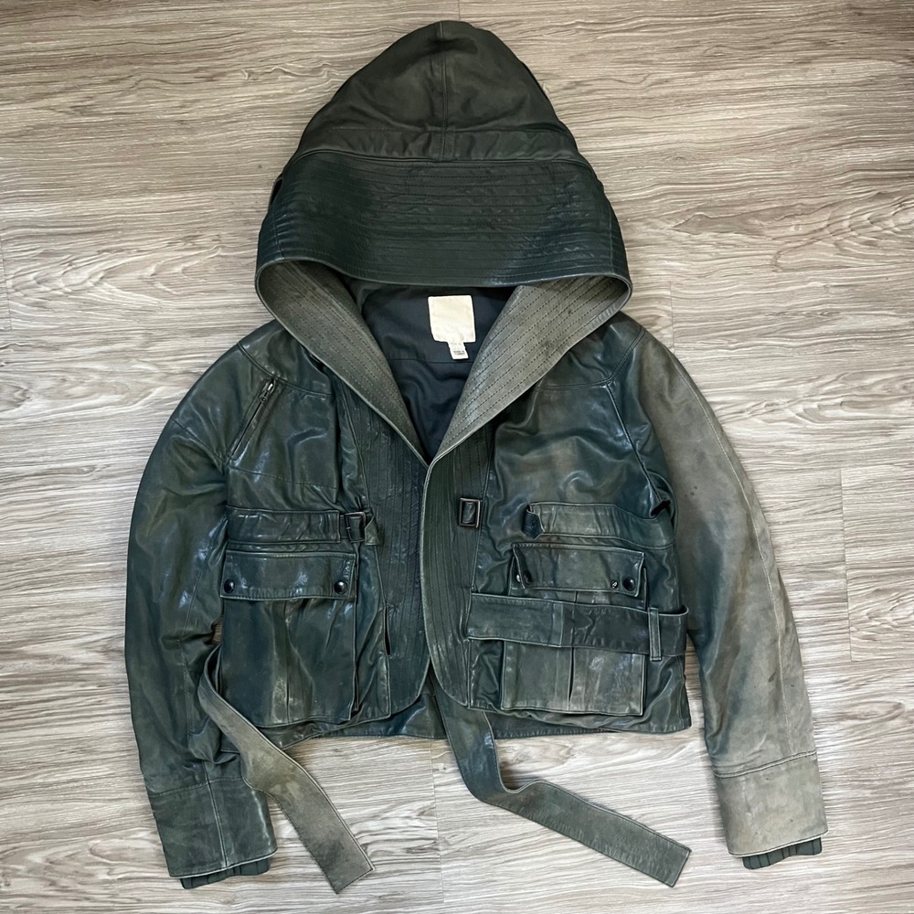 Diesel Liquid Space Hooded Leather Jacket Green Distressed Utility Belted Small